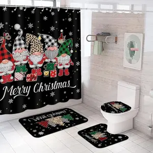 4 Pcs Christmas Shower Curtain Set with Non Slip Rug Toilet Lid Cover Bath Mat Christmas Bathroom Sets with 12 Pcs Hooks for Xmas Holiday Bathroom Decor, Bathroom Decoration Accessories, (Gnome)