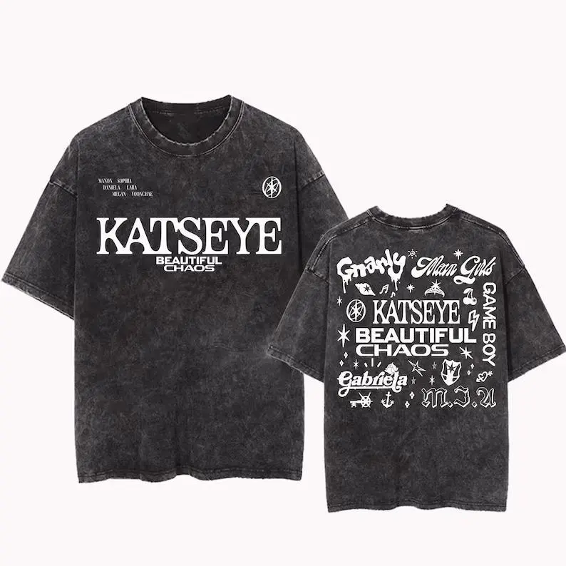 Katseye Beautiful Chaos Tracklist Mineral Wash Cotton Tee, Women Fitted Crewneck Seamless Short Sleeve Top, Soft Fabric Kpop Casual Summer Daily Wear