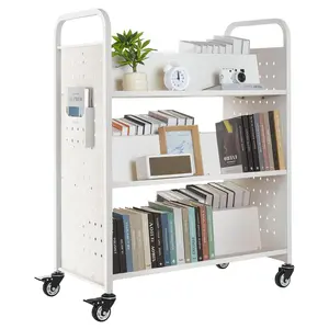 VEVOR Rolling Library Book Cart, 330 lbs Capacity, 38.2 x 20.3 x 48.2-Inch Library Cart, Double Sided W-Shaped Shelves with 3-Inch Lockable Wheels, Book Truck for Home Shelves Office and School, White