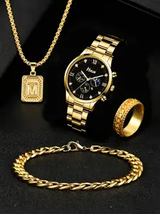 Men's Quartz Trendy Watch Set with Fashion Chain Accessories Jewelry, Includes Necklace Bracelet Ring, Zinc Alloy Case, All Seasons Style