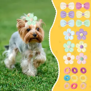 124PCS Cute Flower Dog Hair Bows with Rubber Bands Handmade Puppy Dog Grooming Bows for Dogs for Holiday Spring Easter Puppy Yorkie Pet Hair Accessories