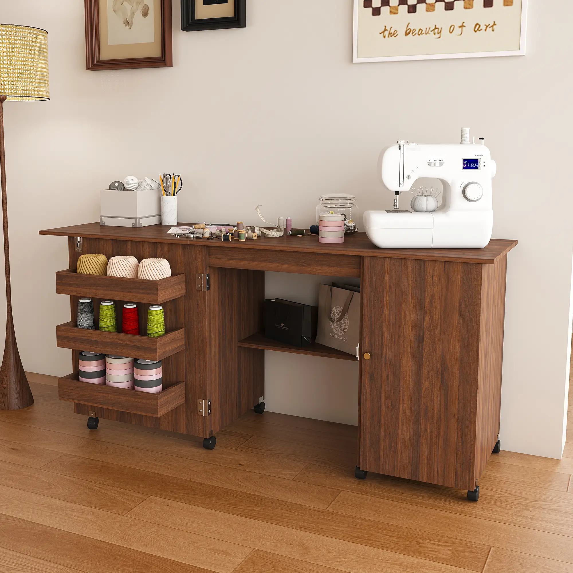 DOMISO 57.5" Foldable Sewing Machine Table with Locking Casters, Multi-Storage Craft Station with Shelves, Bins & Cabinet, Adjustable Sewing Cabinet/Office Desk