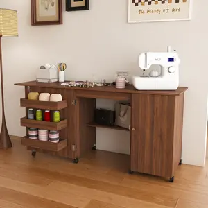 DOMISO 57.5" Foldable Sewing Machine Table with Locking Casters, Multi-Storage Craft Station with Shelves, Bins & Cabinet, Adjustable Sewing Cabinet/Office Desk