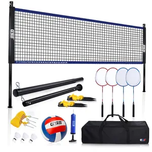 GSE Outdoor Badminton and Volleyball Complete Set with Badminton/Volleyball Net, 4 Badminton Paddles, 3 Shuttlecocks, Volleyball. Perfect for Backyards Parks Lawns and Beaches