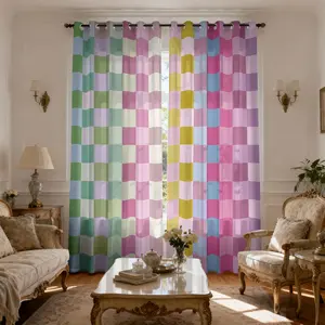 Colorful Checkerboard Pattern Print Filter Curtain, Semi-Transparent Sunshade Drape for Teenagers, Girls & BoysBedroom Living Room Dining, Privacy Protection, 2 Panels