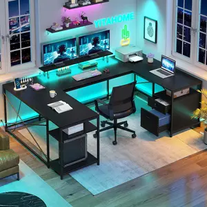 Shaped Desk with Power Outlets & LED Lights, 79" Reversible L Shaped Desk with Drawers, Corner Computer Desk Office Desk with Monitor Stand & Storage Shelves, Black