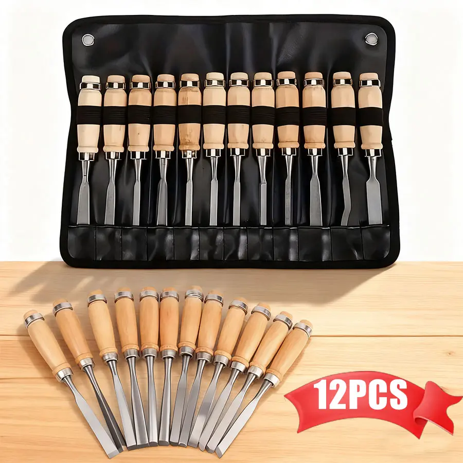12 Pcs Wood Carving Chisel Set, SK5 Carbon Steel | Sharp Wood Carving Tools with Leather Roll Bag, Woodworking Gouge Kit for Beginners &