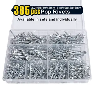 385pcs 8 Sizes Aluminum Blind Rivets(3.2x6/8/10/12mm 5x8/10/12/16mm), Pop Rivets Assortment Kit (Silver)