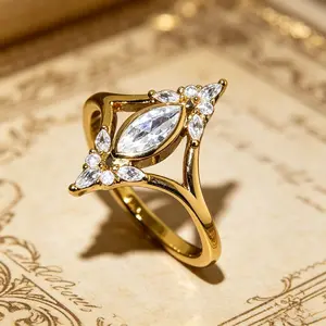 Elegant Marquise-Cut Engagement Ring for Women, Golden-Tone Statement Band with Sparkling Details, Versatile Jewelry Gift for Valentine's Day, Anniversaries, Parties & Daily Wear