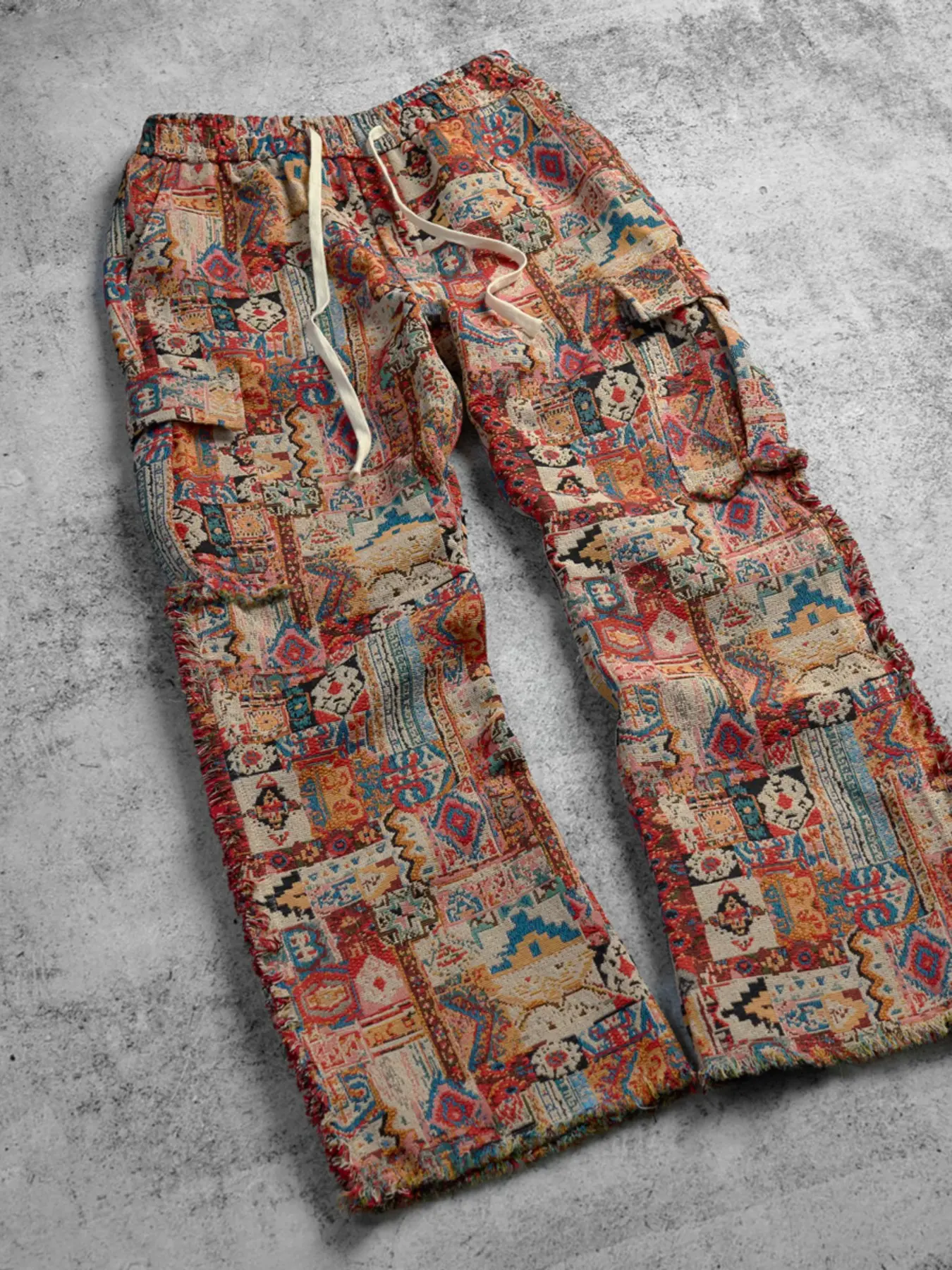 Men's Vintage Carpet Embroidery Work Pants, Fringe Wool Edge Design, Ethnic Style Wide Leg Casual Pants, Comfortable and Stylish, Bohemian Trousers, Boho Comfy Trousers, Bohemian Street Trousers
