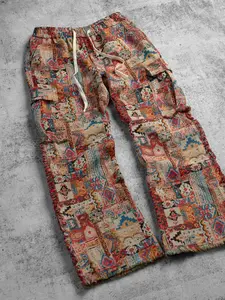 Men's Vintage Carpet Embroidery Work Pants, Fringe Wool Edge Design, Ethnic Style Wide Leg Casual Pants, Comfortable and Stylish