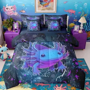 Feelyou 7-Piece Axolotl Bedding Set - Cute Seafloor Salamander Comforter, Flat Bedding Sheets, Fitted Bedding Sheets, Microfiber Blanket for Kids
