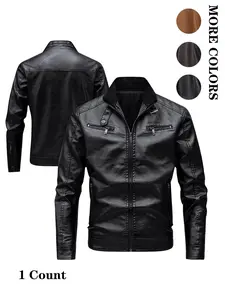 Men's Solid Zip Up PU Leather Jacket, Slim Casual Fashion Zipper Long Sleeve Mock Neck Outerwear Coats for Fall & Winter, Men's Clothes for Daily Wear