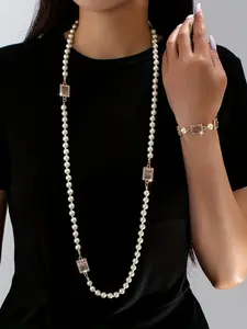 Elegant Vintage Faux Pearl Glass Jewelry Set, Handmade Knotted Beaded Bracelet & Long Necklace, Perfect for Parties and Events