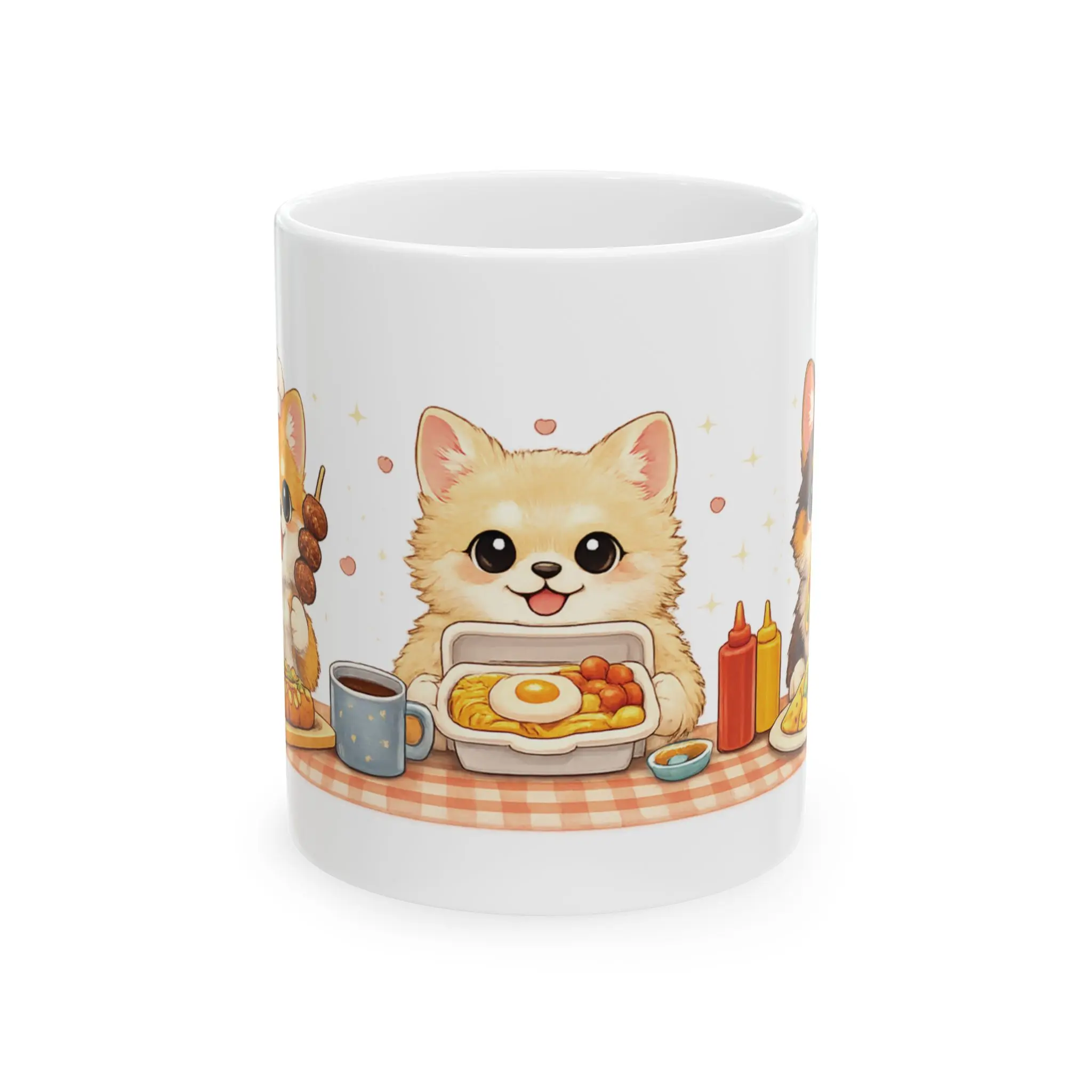 Cute Puppy Street Food Ceramic Mug – Kawaii Pomeranian & Friends 11oz/15oz