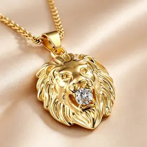 Bold Lion Head Pendant Necklace, Zircon-Setting Style, Golden Tone, Twisted Rope Chain, Unisex, Hip Hop Streetwear Jewelry for Statement & Casual Wear. autumn rapper chain
