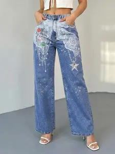 Jeanius Women's High Waisted Mid-Stretch Wide Leg Jeans.Loosefitjeans Silhouette, Cute & Comfortable, Matches Street Style Trend. Bedazzled-Inspired Sparkle, Still Cool  jeans ! Pairs Great with Tees/Blouse, Cinches Waist, Hides Flaws. Print Button Bottom