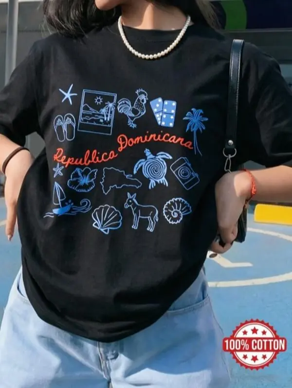 Unisex Casual Crew Neck Tops with Dominicana Island Line Art, Comfortable 100% Cotton Graphic T-Shirt for Summer Vacation, Tshirt, Island Motif, Printed, Unisex Fit, Print, Tee, Round Neck, Turtle, Women, Cool Daily, Island Motifs, Short Sleeve