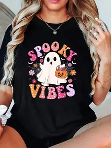 Ghost Pumpkin Halloween T-Shirt, Fashionable Comfortable Daily Wear, Casual Style for Leisure Outings, Thin Fabric All Seasons