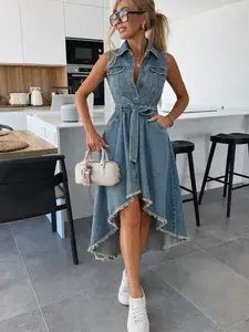 Women's Summer Vintage Elegant Waist Cinched Asymmetric Hem Front Button Sleeveless Denim Dress Casual Wear, Casual Fashion for Spring & Fall