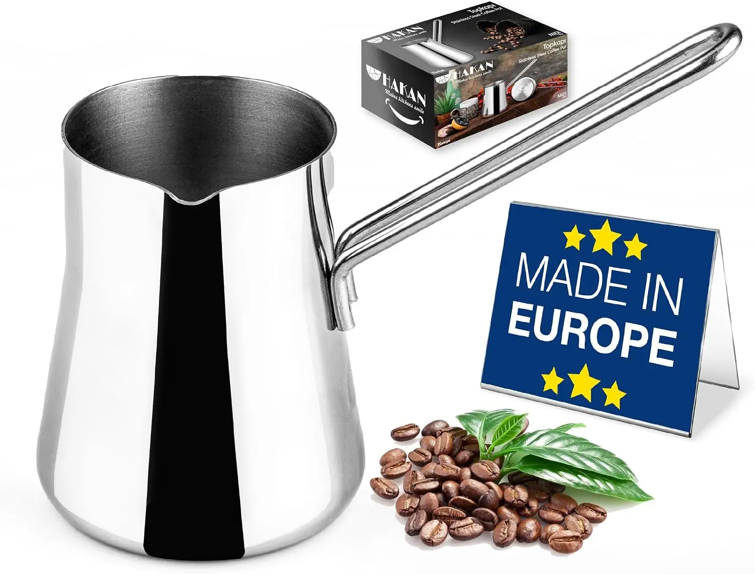 Stainless Steel Hakan Turkish Coffee Pot (Cezve/Ibrik/Briki) - 20.2 fl oz (600ml) Heat-Safe Handle Multi-Use Kitchen Pot for Greek Arabic Coffee, Milk Warming, Chocolate Melting, Chai, Gift-Ready