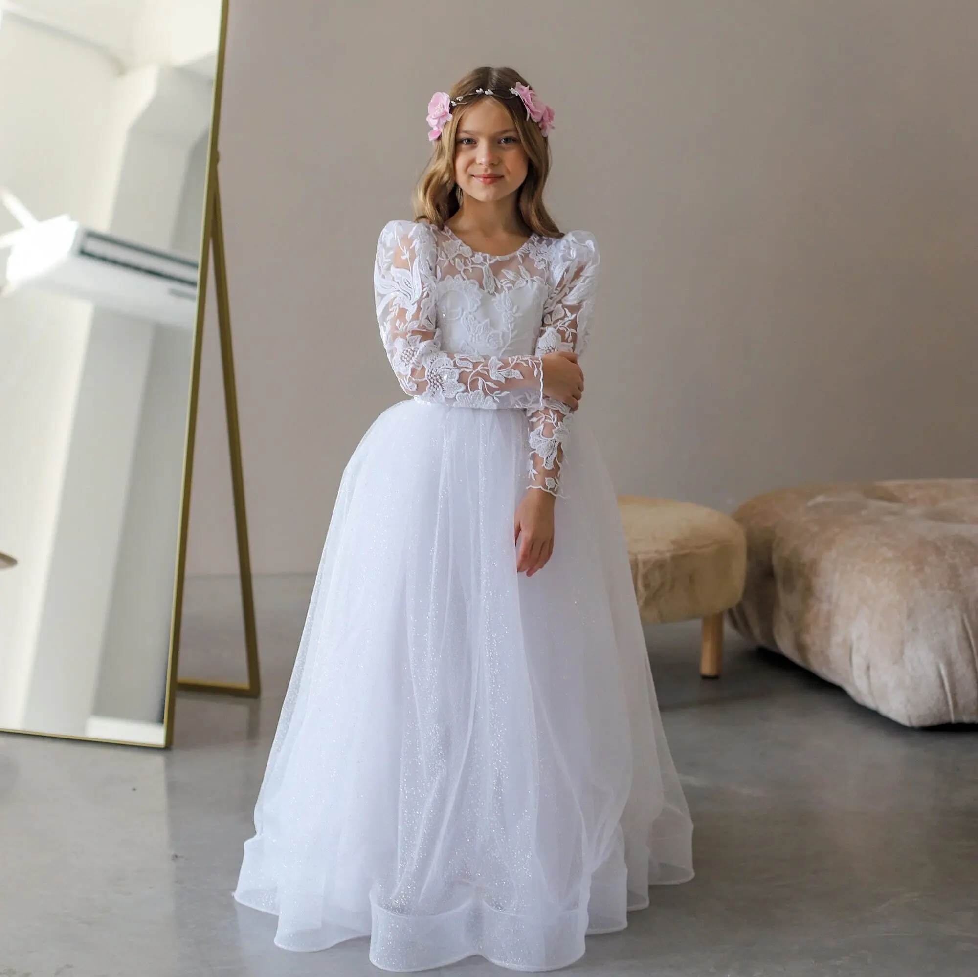 White Lace First Communion dress long puffy sleeve, Flower Girl Dress, wedding guest tulle dress, Baptism gown, Junior Bridesmaid dress - TikTok Shop White Lace First Communion dress long puffy sleeve, Flower Girl Dress, wedding guest tulle dress, Baptism gown, Junior Bridesmaid dress - TikTok Shop