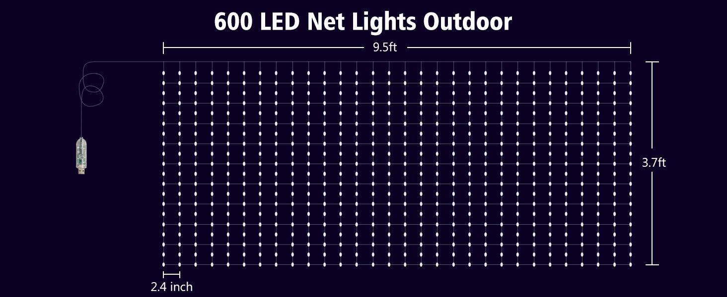 Echosari RGBIC Smart LED Mesh Net Lights Outdoor, 600 LEDs (3.7×9.5ft), App + Remote Control, DIY Patterns, Music Sync, IP65 Waterproof, Color Changing, AI Lighting Effects, Fast Setup for Backyard Gatherings Bush Patio Decor, Ac Power Supply