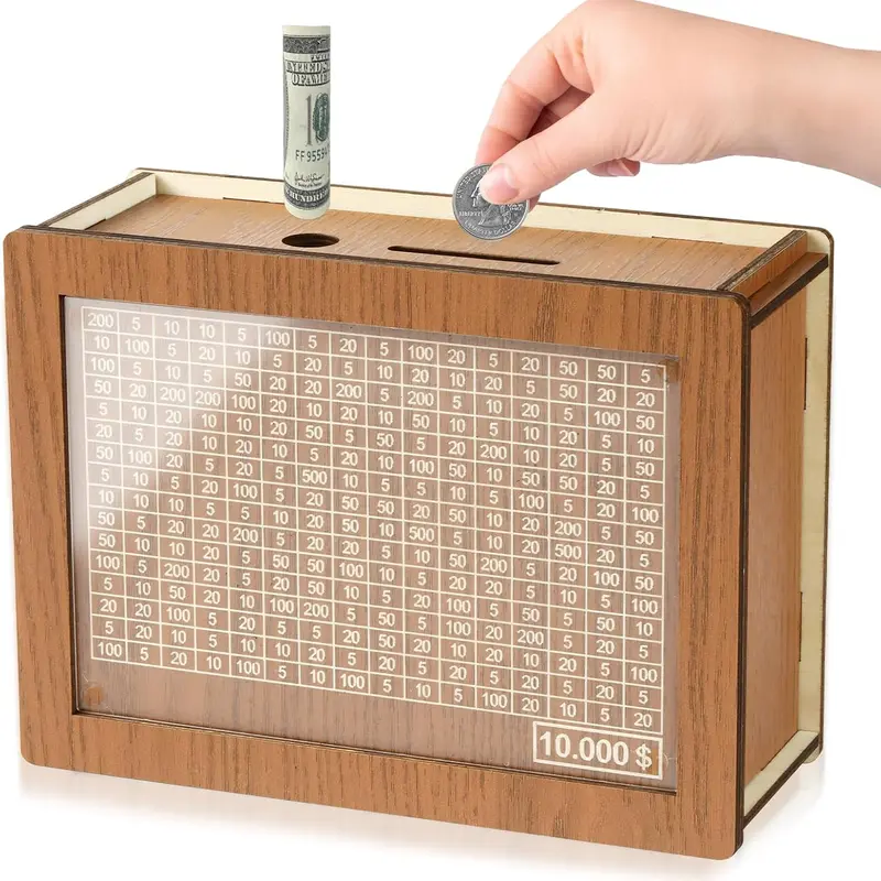 AMA SNOW 2026 Smart Coin Piggy Bank - High-Capacity Durable Wooden Savings Box with Digital Counter, Patchwork Design, Progress Tracker, $10,000 Challenge Tool, Back to School Gift for Kids & Adults to Boost Saving Goals