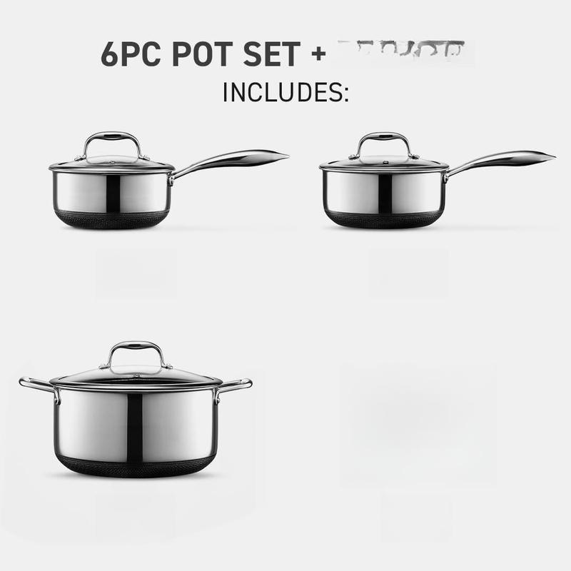 HexClad Hybrid Nonstick 6-Piece Pot Set with 2 Silicone Trivets, 2, 3, and 8-Quart Pots with Tempered Glass Lids, Stay-Cool Handles, Dishwasher-Friendly, Induction Ready, Compatible with All Cooktops