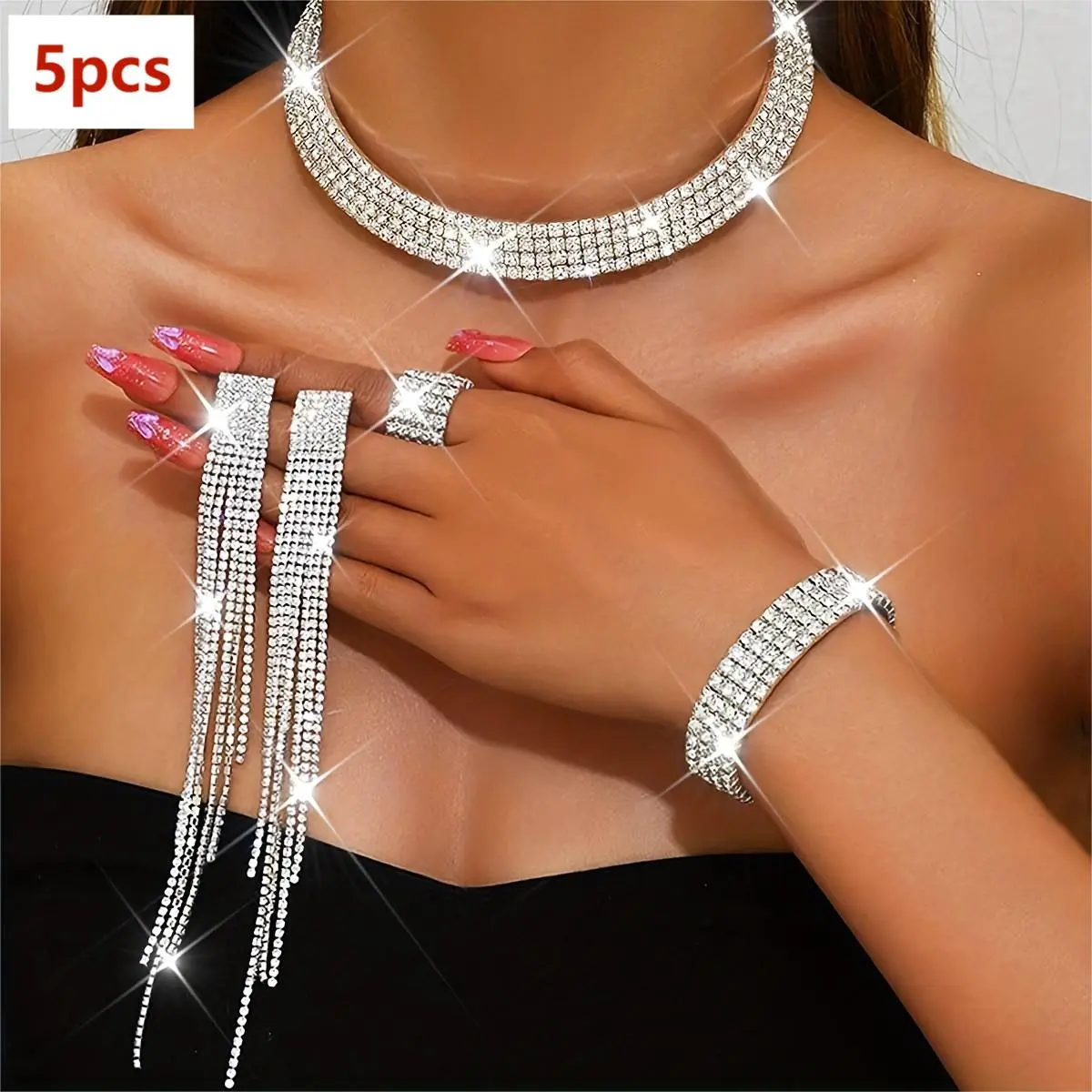 5pcs Elegant Rhinestone Bridal Wedding Jewelry Set - Choker Necklace, Earrings, Bracelet & Ring Set with Sparkling Rhinestones, Perfect for Prom, Formal Events, and Special Occasions, Wedding Jewelry Set Glamour Set