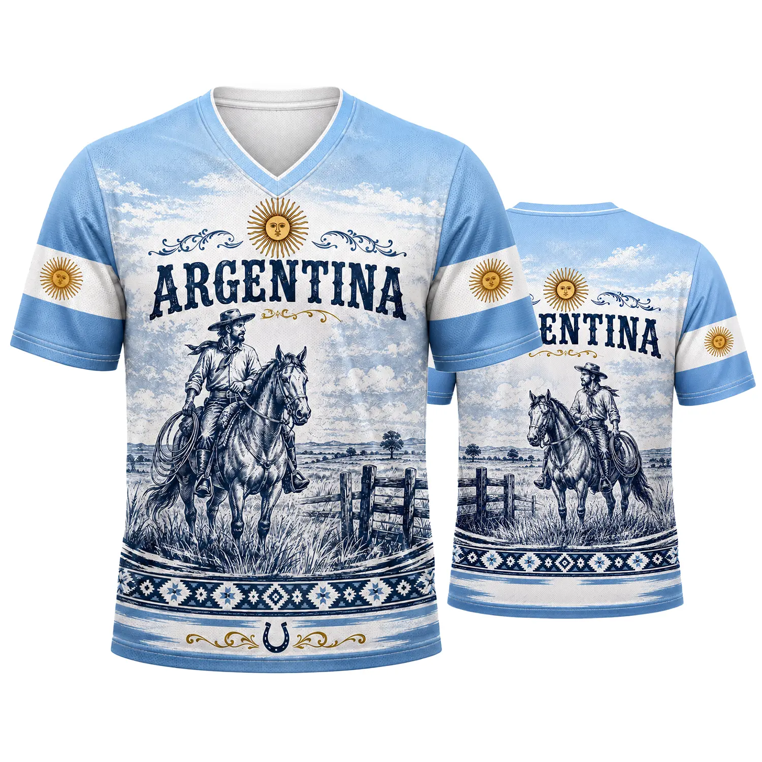 Men's Sporty Chic Argentina Gaucho Horse Graphic V-Neck Athletic Shirt - Sky Blue, White Western Cowboy Sports Jersey, Sun of May Pampas Heritage Fan Top (Sizes S-5XL)