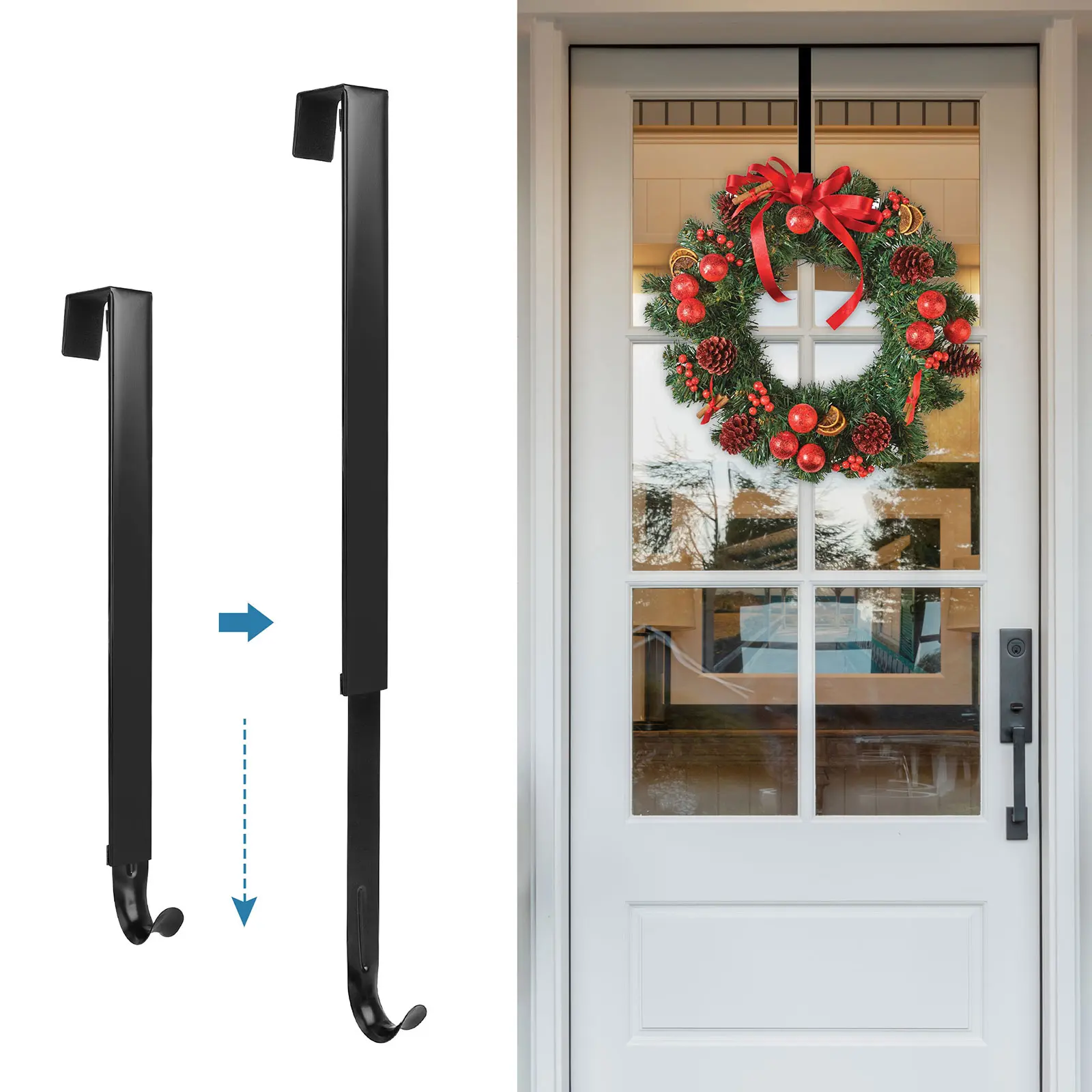 Front Door Wreath Hanger - Adjustable Front Door Hanging Hook,Extends from 15.5" to 25.5",Over The Door Hooks Organizer,for Indoor Outdoor Easter Halloween Xmas Decoration