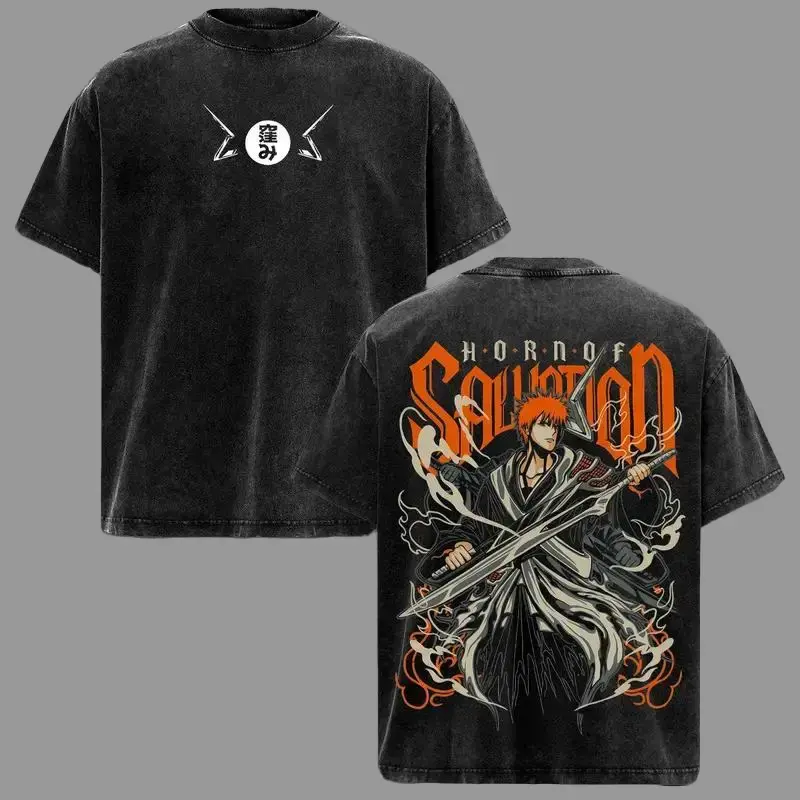 Men's Acid Washed Heavy Cotton Oversize Ichigo Kurosaki Bleach 1000-Year Blood War Anime Tee, Menswear Top, Double Printed Unisex Casual Streetwear, Vintage Style Gift For Anime Fans Crewneck Tshirt