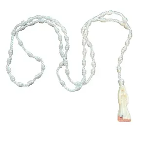 White Santa Muerte Thread Rosary with Pendant, 18 Inches Long - Unisex