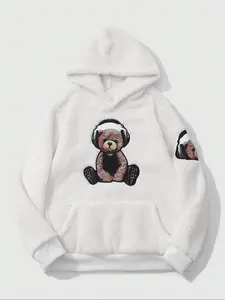 Men's Cartoon Bear Print Hooded Fuzzy Sweatshirt, Casual Long Sleeve Pullover Top for Fall & Winter, Men's Sleepwear for Indoor Wear