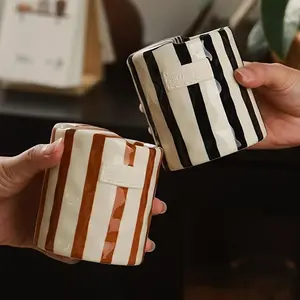 Retro Striped Hand-Painted Ceramic Mark Funny Mug Hand-Held Cup Heat-Resistant Non-Slip Double-Enjoy Cup for Milk Coffee Juice Latte Cocoa Cereal Hot Cold Drinks Valentine's Day Mother's Day Christmas Thanksgiving New Year Gift Drinkware