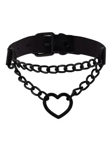 Gothic Punk Grunge Emo Necklace, PU Leather Choker, Goth Heart Chain Design, Perfect Halloween & Christmas Gift for Him Her