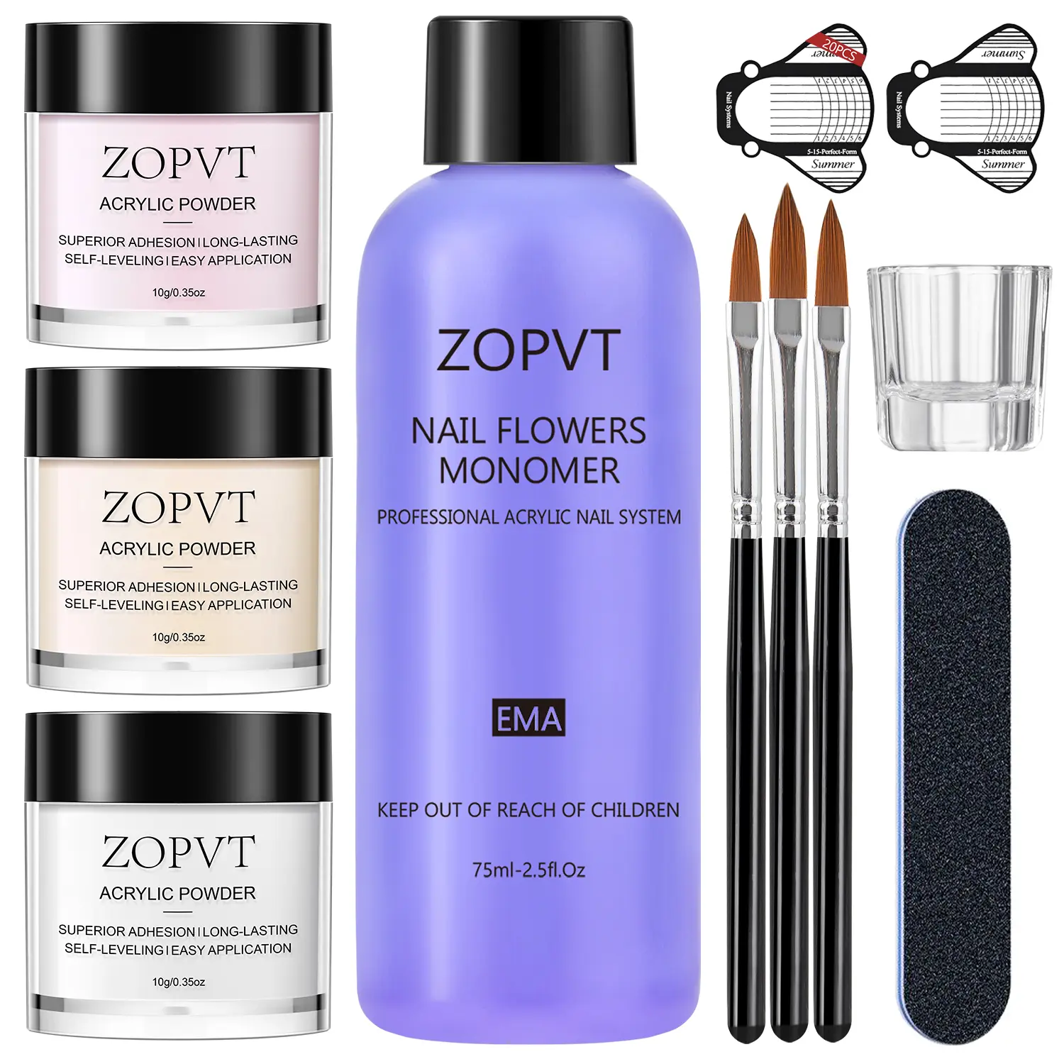Acrylic Crystal Powder Nail Art Set, Nail Art Supplies, Nude Transparent Colors, Three Color Powder + Acrylic Liquid, Home DIY Tools Kit