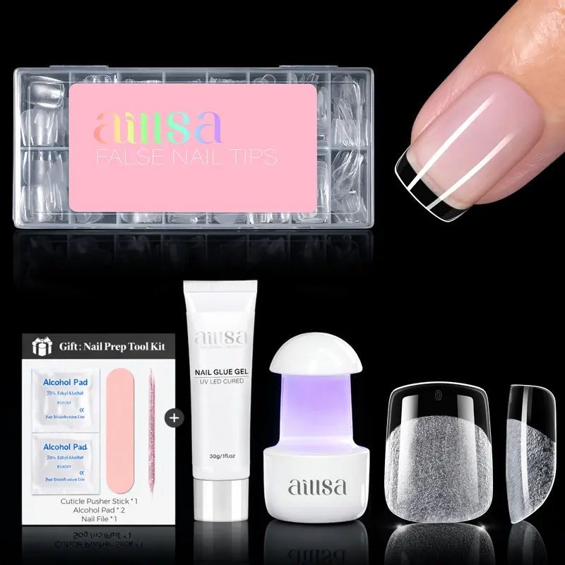 Aillsa StayBond Press On Nail Sets – Alcohol-Free Nail Care DIY Manicure Kit with Gel Glue, UV LED Lamp, Strong Hold, Salon Finish, Long-Lasting Plain & Glam Home Use Set (DealsForYouDays, TikTokShopBackToSchool, SohoChic)