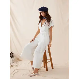 Cider Linen-blend Collar Twist & Knot Belted High Rise Wide Leg Jumpsuit