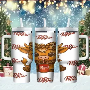 1pc 40oz Highland Cow Dr Pepper Stainless Steel Tumbler, Heat Insulation, Leak Prevention, Vacuum Insulated, Suitable for Cold/Hot Drinks, Families, Gyms, Workplaces, Ideal Gifts for Birthdays and Other Holidays