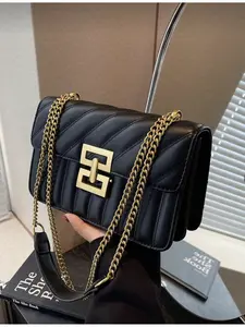 Women's Striped Fashion New Lock Square Bag Solid Color Full Chain Lock Bag Ideal Choice for Dating Girls