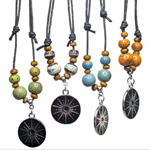 Black And Silver Crescent Moon And Shining Star Ceramic Beaded Silver Boho Hippie Whimsical Adjustable Black Rope Cord Choker Stacking Necklace Jewelry