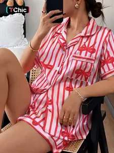 Valentine's Day Women's Pajama Set, Comfortable Cute Casual Fitted Elastic Striped Bow Lapel Shirt and Pants Two-Piece Sleepwear Loungewear