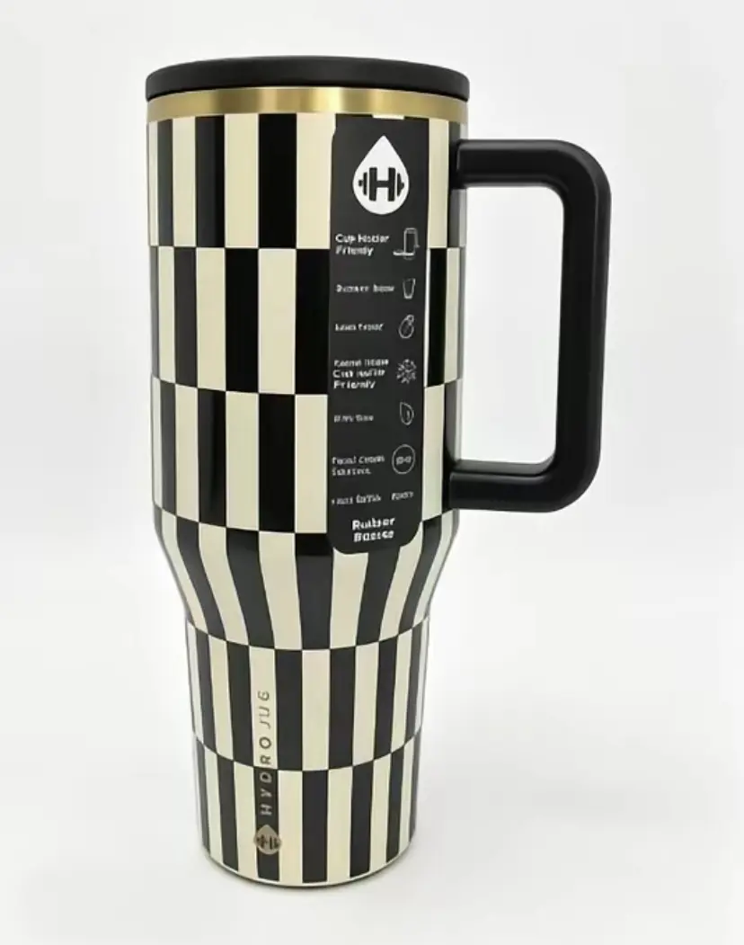 HydroJug 40 oz Black gold vertical Striped with Handle and Straw Tumbler Water Bottle  large capacity car cup, 100% Leakproof Insulated Tumbler  | Keeps Ice 24+ Hours | Cup Holder Friendly Base | Insulated Thermal Tumbler, Easy-Clean Durable Travel Mug