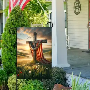1pc Rustic American Flag Garden Flag, Patriotic Cross With Red Drapery - Polyester Yard Banner, No Pole, 12x18 Inches Outdoor Decor