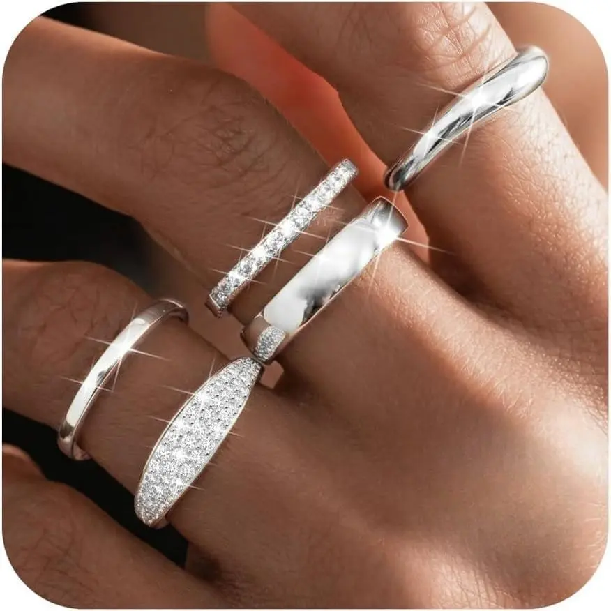 FASACCO Women's 5Pcs Adjustable Open-Style Silver Hypoallergenic Jewelry Ring Set - Zirconia Solitaire Stackable Dainty Thumb/Finger Accessory, Ideal Gift for Girlfriend, Summervibes Sparkly Piece, Solitaire Stackable Rings, Elegant Ring sohochic