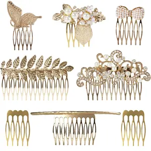 8 Pack Large Gold Crystal Pearl Rhinestone Metal Hair Side Combs Clip With Teeth Grip Clasp Barrettes Pins for Women Bridal Wedding Veil Decorative...