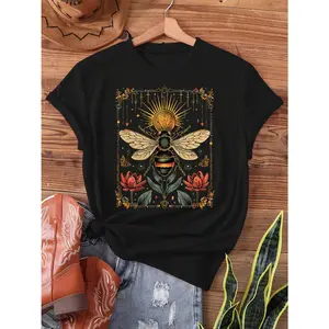 Vintage Celestial Bee Floral Graphic T-Shirt, Boho Insect Fashion Tee, Casual Crew Neck Black Short Sleeve Top, Perfect Valentine’s Day & Holiday Gift For Nature Lovers outdoorfun