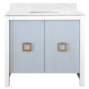 April White Bathroom Vanity Cabinet With Marble Top & Blue Linen Doors